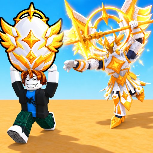 Steal an Egg's Roblox icon: a Roblox character carrying a large golden egg while a winged golden guardian with a spear chases behind