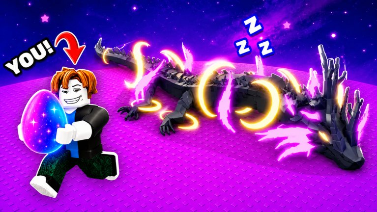 Roblox thumbnail: a player runs with a glowing egg across a purple, star-lit area while a black-and-gold dragon sleeps behind