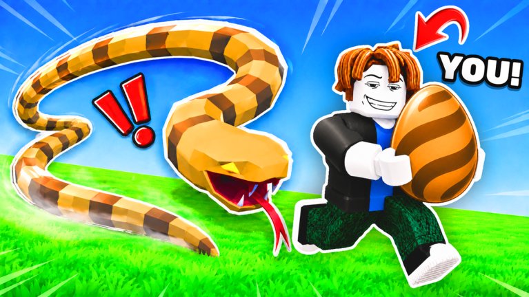 Roblox thumbnail: a giant striped snake lunges after a player carrying an egg across green grass