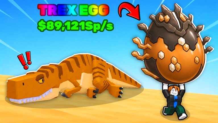 Roblox thumbnail: a T-Rex sleeps beside a player lifting a spiked brown 'TREX EGG' labelled $89,121/s