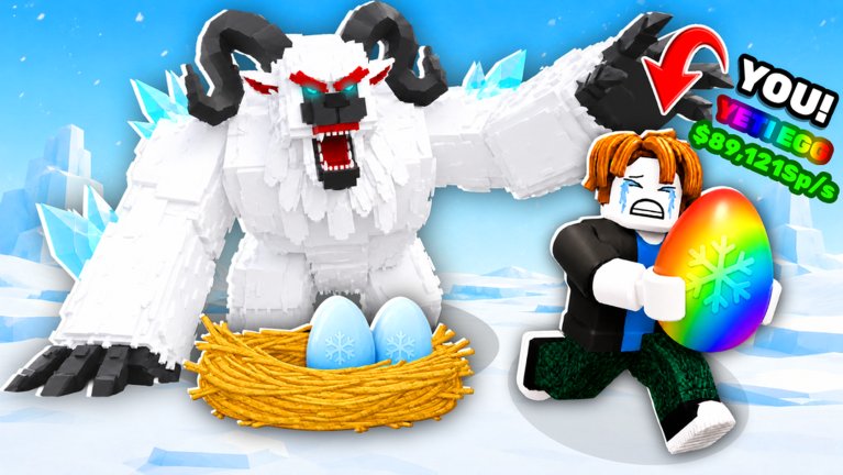 Roblox thumbnail: a roaring white Yeti guardian looms over a nest of blue eggs on snow while a player runs off with a rainbow egg